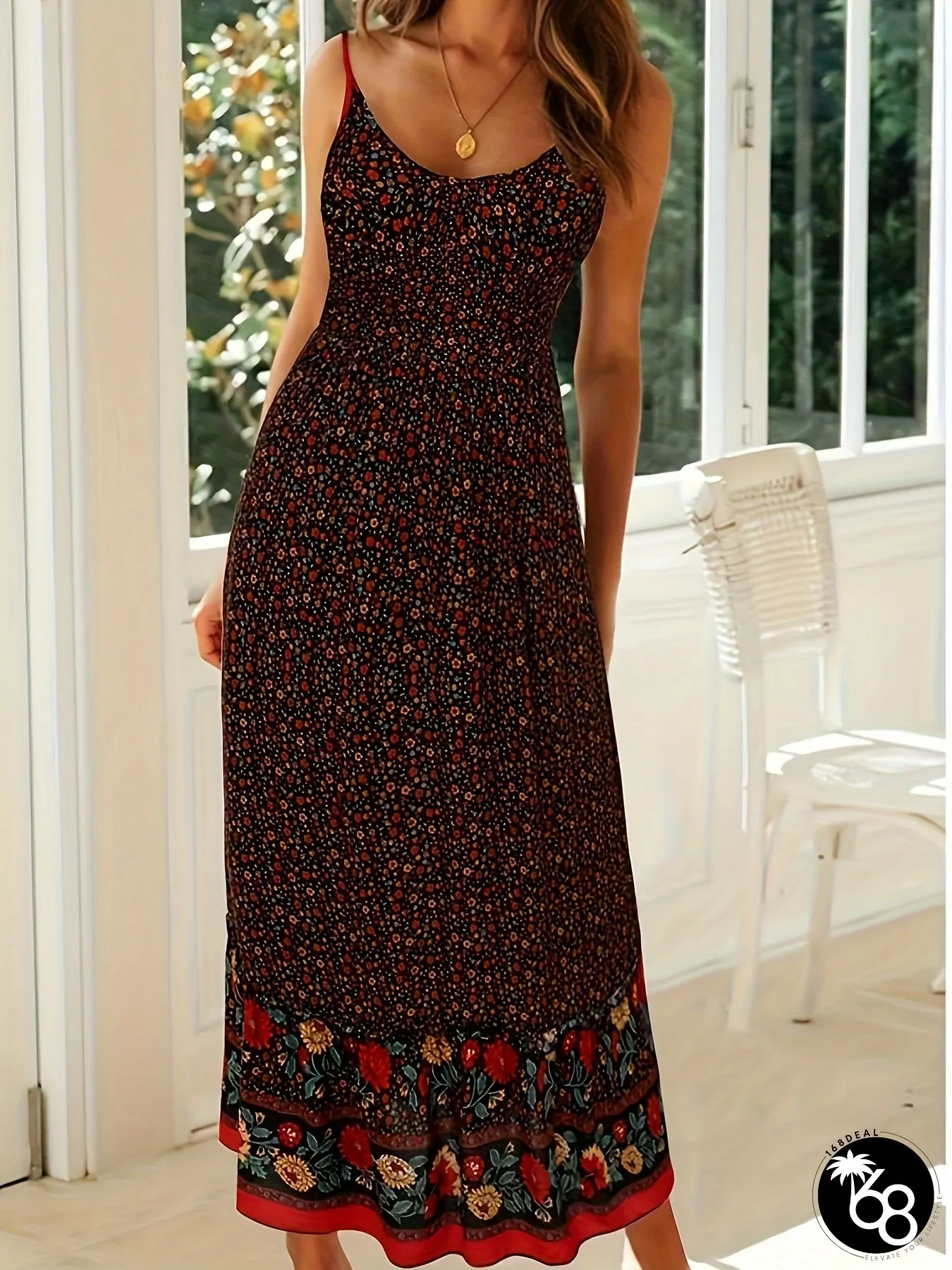 Womens Bohemian Floral Print V-Neck Dress-Lightweight Polyester-For Summer Vacation | 168DEAL