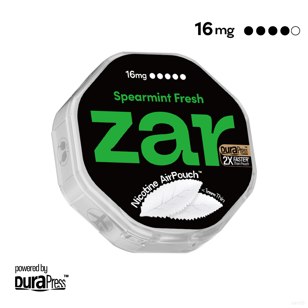 US Try zar Oral Nicotine AirPouch Spearmint Fresh Flavor Mint Flavour 16mg nicotine options 20 pcs per can Price USD 4.9 multi-buy up to 30% discount off whole range of options zar pouches nicotine strip snus nicotine pouch dosh pouch