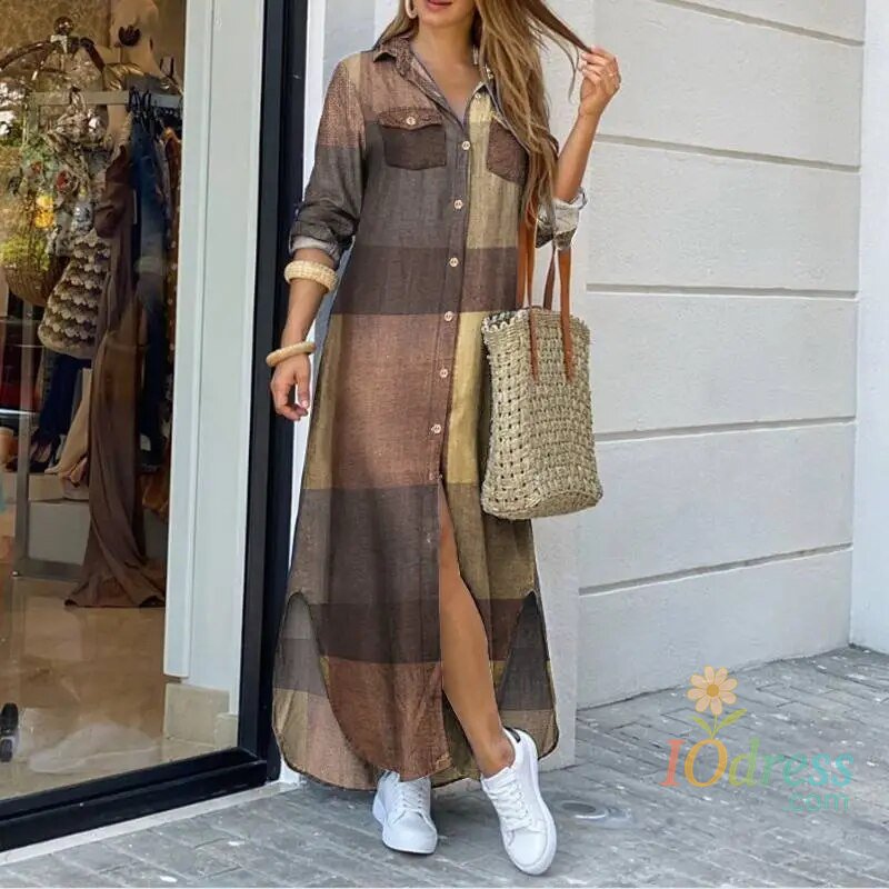 IO Dress Autumn Elegant Women Maxi Shirt Dresses 2023 choice Vintage Ladies Long Sleeve Vestidos Casual Plaid Robe Longue