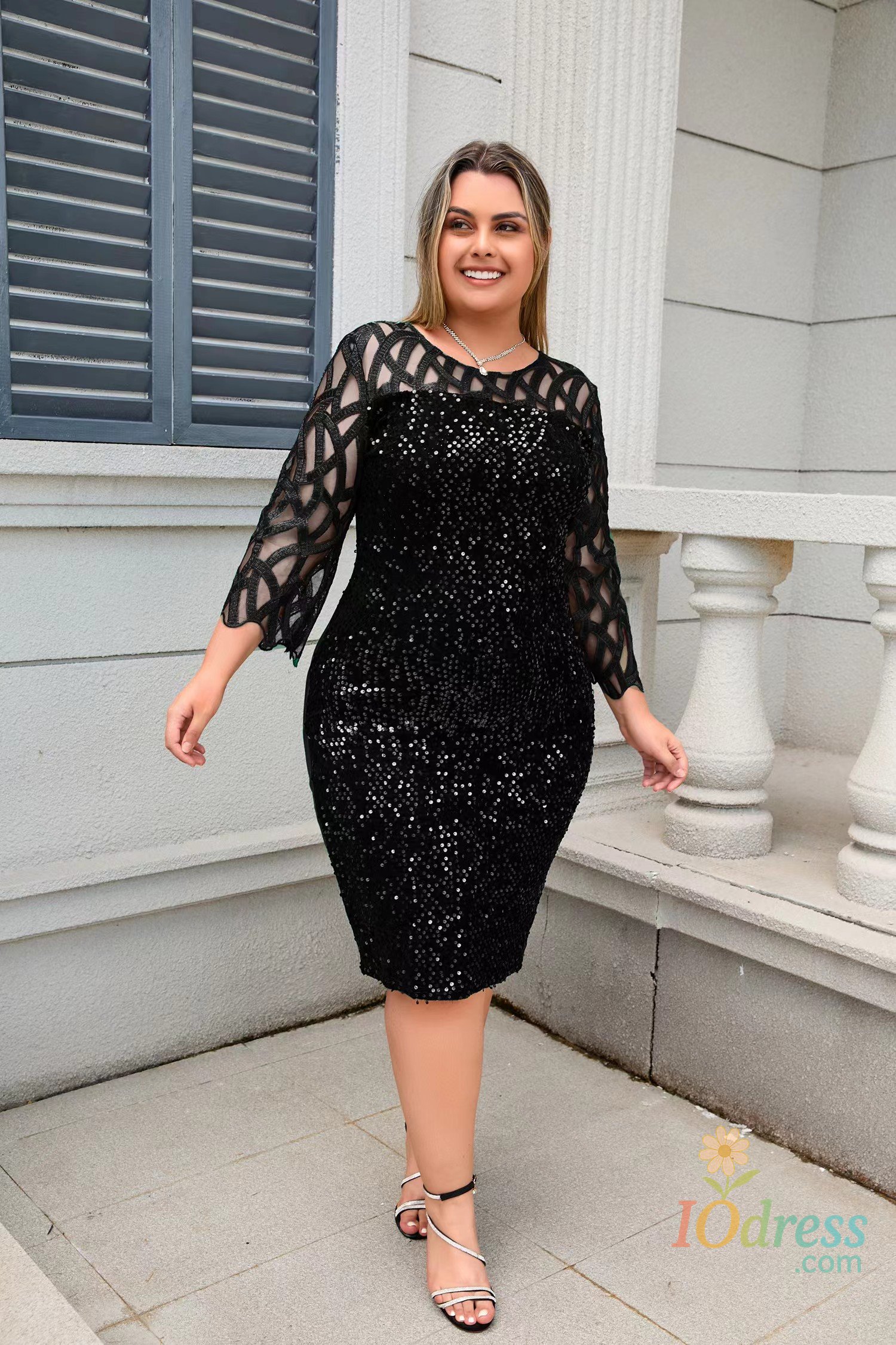 IO Dress Party Dress Plus Size Ladies Midi Sequin Mesh Long Sleeve Lace Elegant Bodycon L-4XL 5XL Evening Dresses Woman Summer