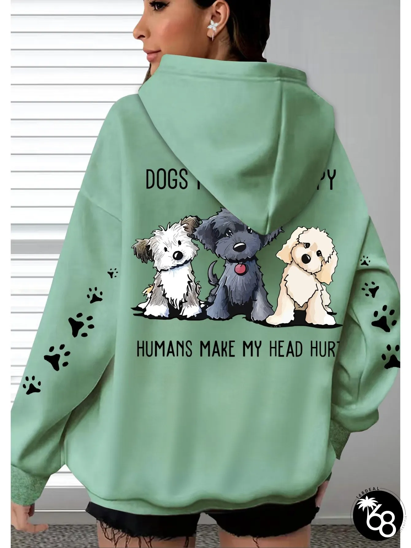 Womens Oversized Hoodie with Cute Cartoon Dog Design Dogs Make Head Hurt Slogan Soft | 168DEAL