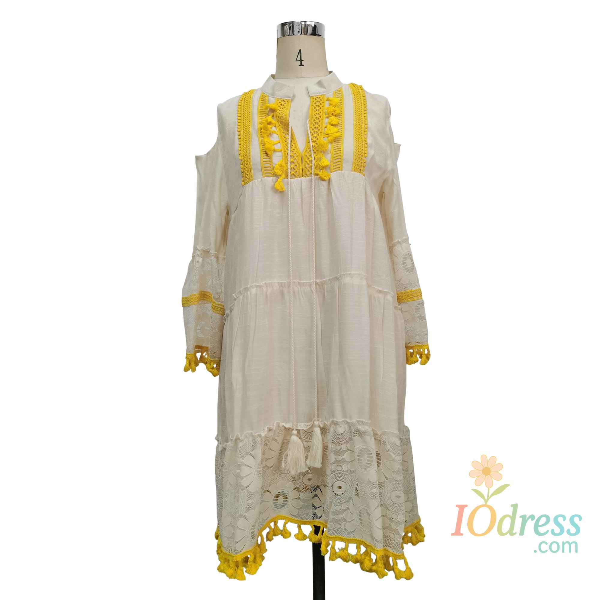 IO Dress New Spring Embroidery Crochet Lace Boho Dress Women Elegant Off Shoulder Tassel Ruffle Mini Dress Summer V Neck Lady Beach Dress