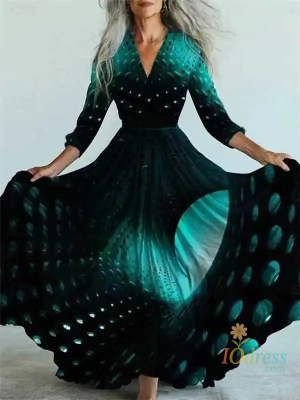 IO Dress New Bohemian Style Long Sleeve Mesh Dress Vacation Vibes Full Skirt Chiffon Dress V-neck Ankle-length Regular Waistline