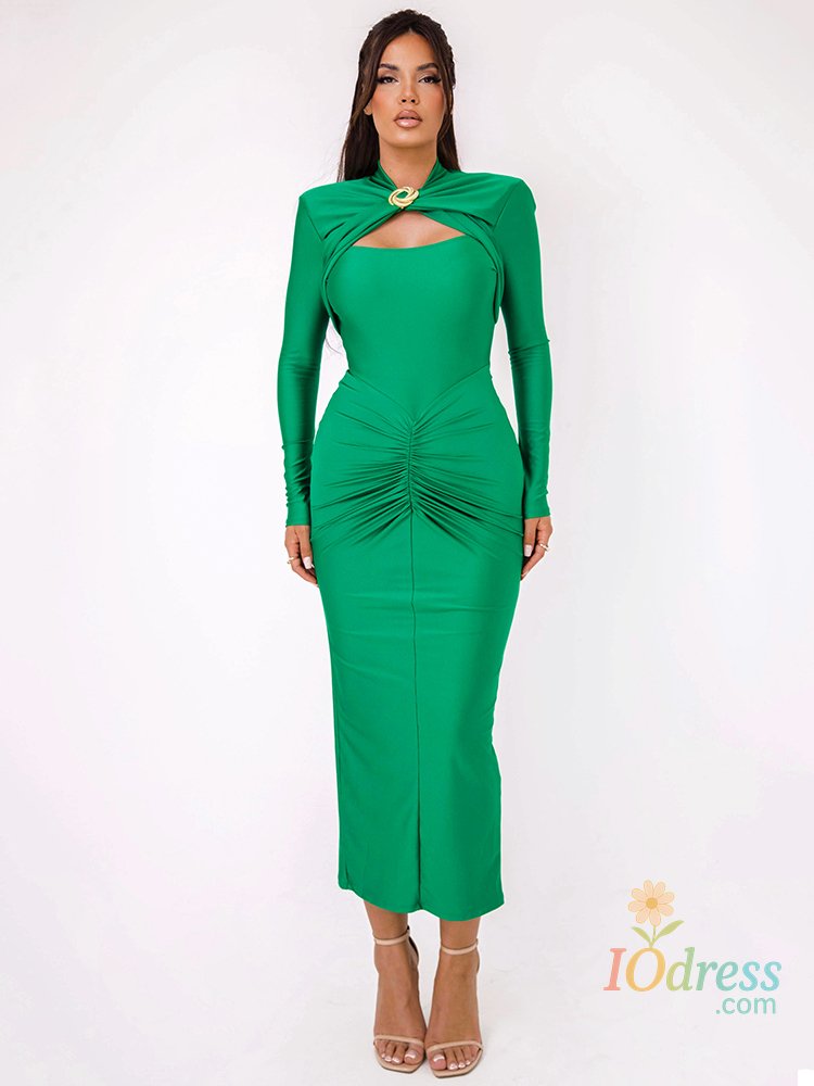 IO Dress Mozision Hollow Out Long Sleeve Sexy Maxi Dress For Women Gown Autumn Winter New Metal Buckle Ruched Slit Long Dress Elegant