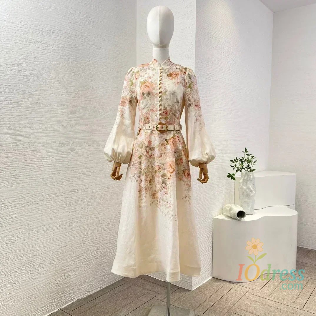 IO Dress Pure Linen 2024 New Women Collection Stand Collar Beige Rococo Floral Print Full Lantern Sleeve Belted Elegant Midi Dress