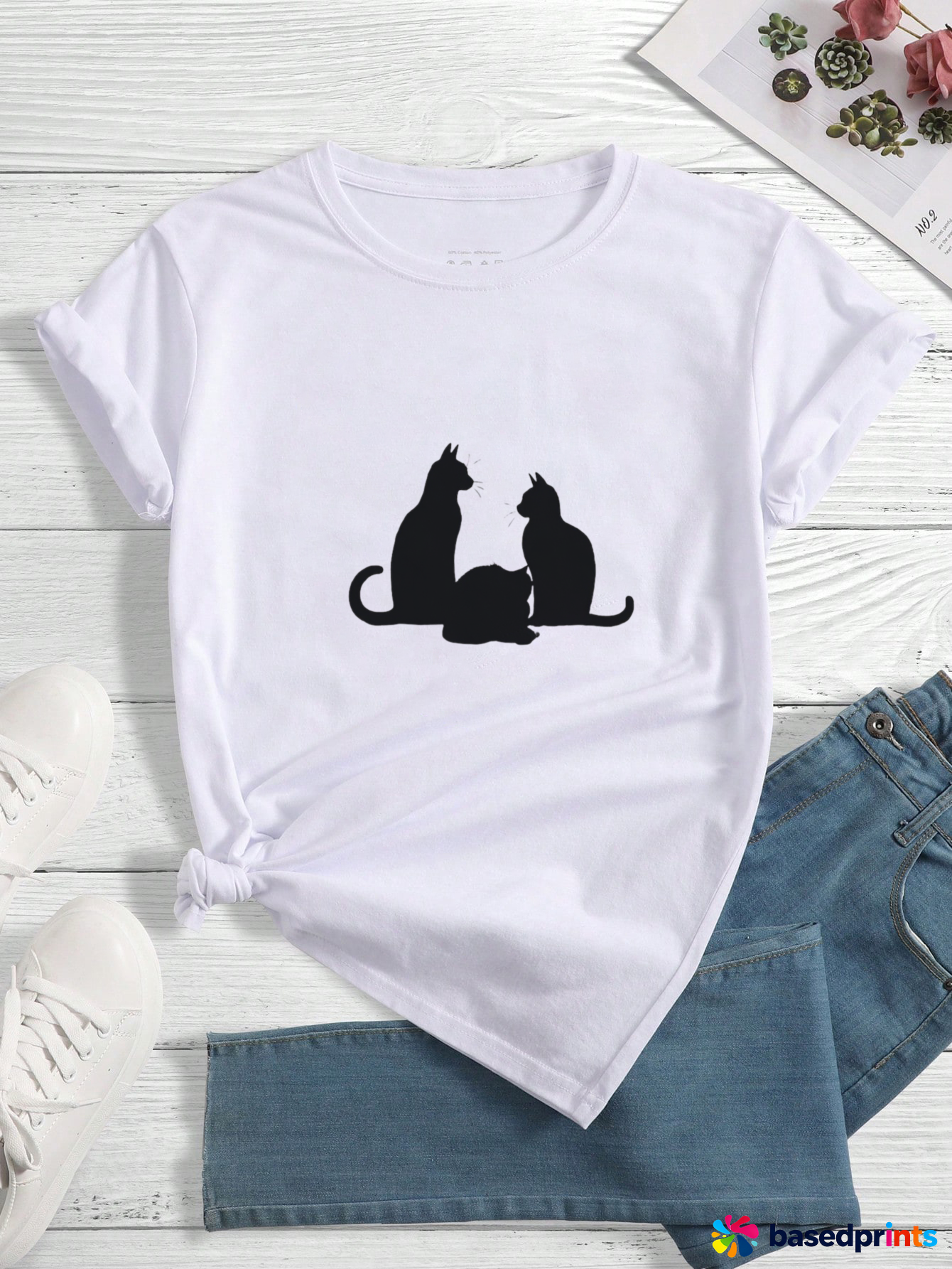 Cat Print Short Sleeve T-Shirt Women Summer Casual Tee Tops