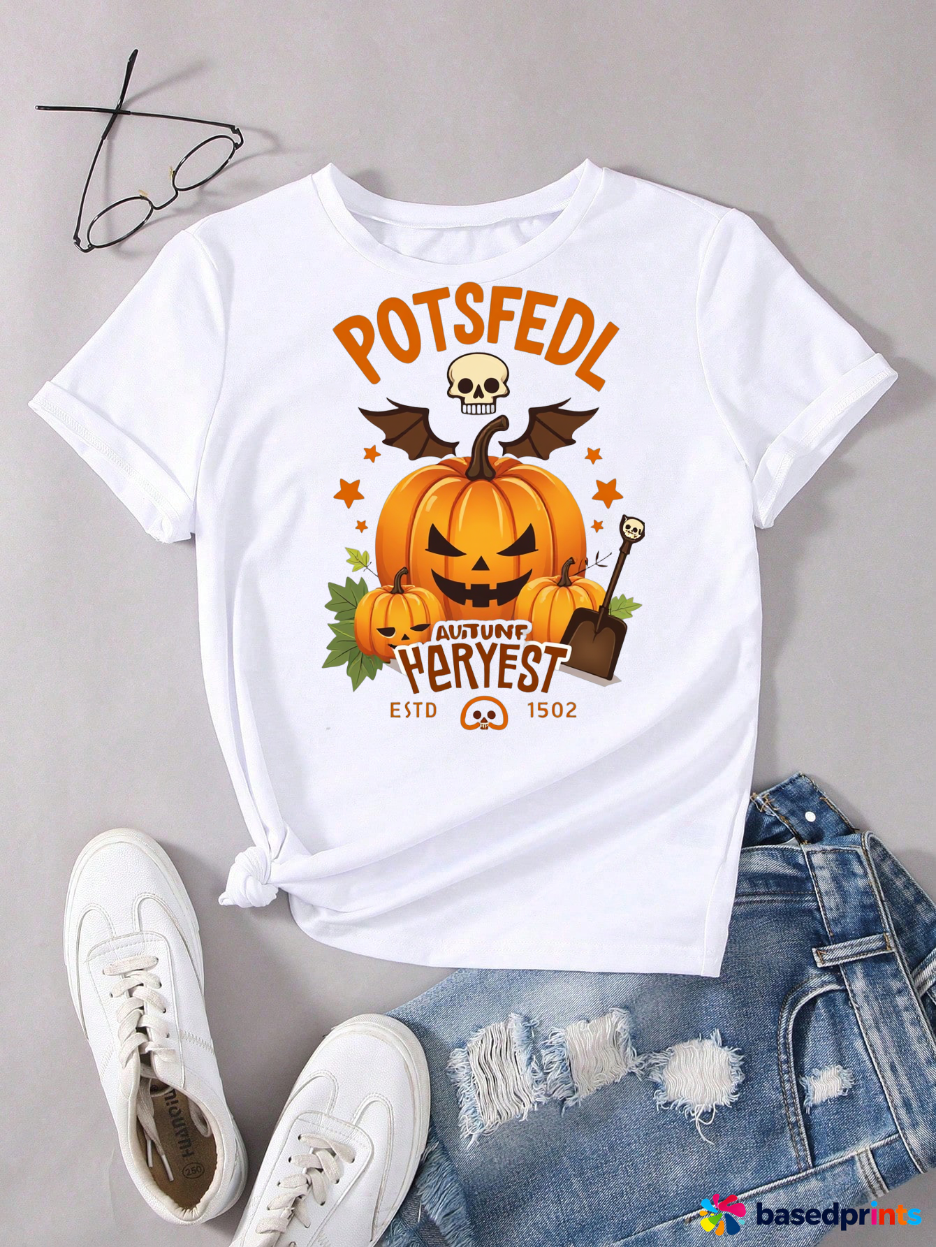 White Halloween Pumpkin Skull T-Shirt