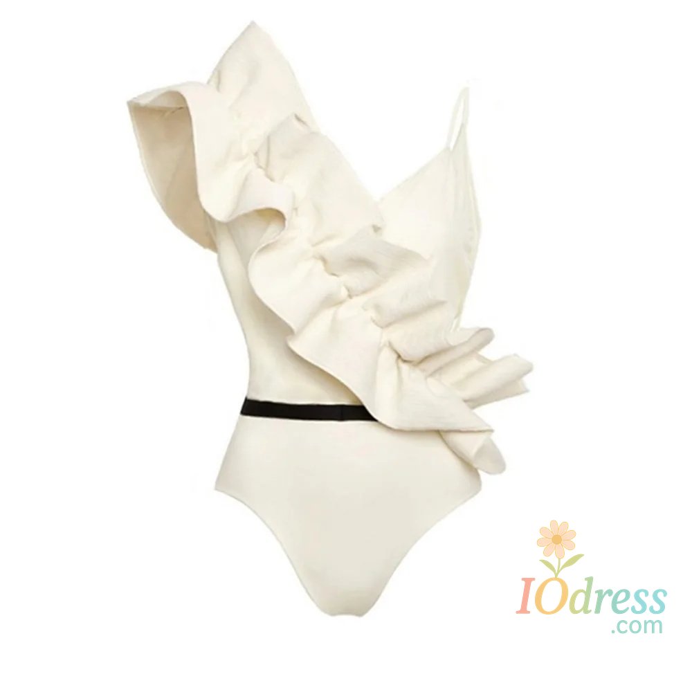 IO Dress One Shoulder Ruffle Bikini Set With Cover Up White Belt Swimsuit Sexy Swimwear Women High Waist Biquini Bathingsuit Beachwear