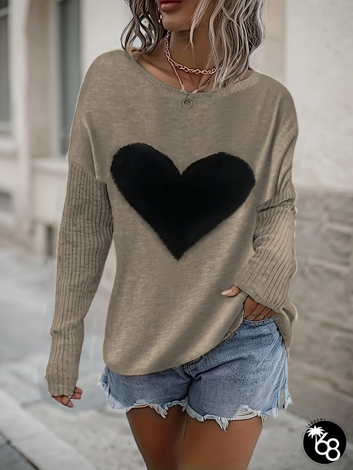 Womens Elegant Black Heart Print Beige Ribbed Sweater Round-neck Long Sleeve Spring Summer | 168DEAL