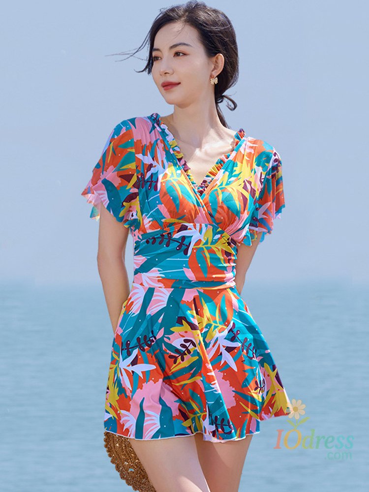 IO Dress Short Sleeve Flounce V Neckline Sexy Swimwear Women One Piece Bathing Suit Monokini Swimsuit With Skirt Beach Wear