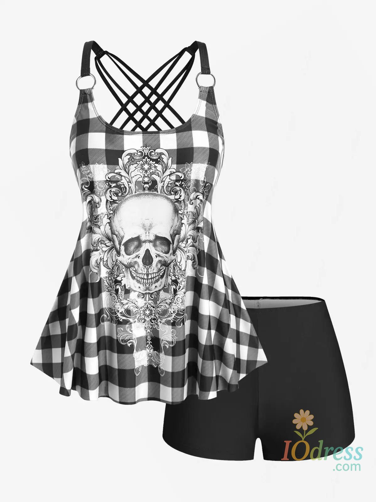 IO Dress Rosegal Womens Plus Size Modest Skull Plaid Rings Crisscross Boyshorts Tankini Swimsuit Set