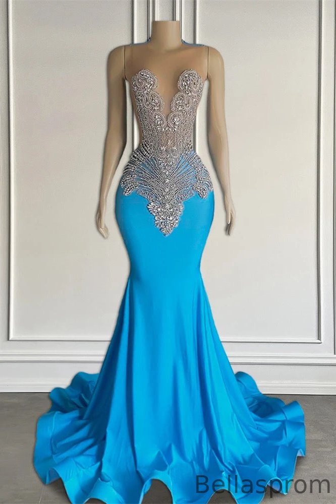 Bellasprom Ocean Blue Sleeveless Mermaid Prom Dress Long Beadings Same As Picture-US2