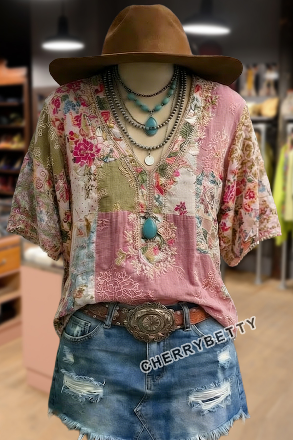 トップス cherryboy407 Retro Floral Embroidered V-Neck Short Sleeve Cotton Top