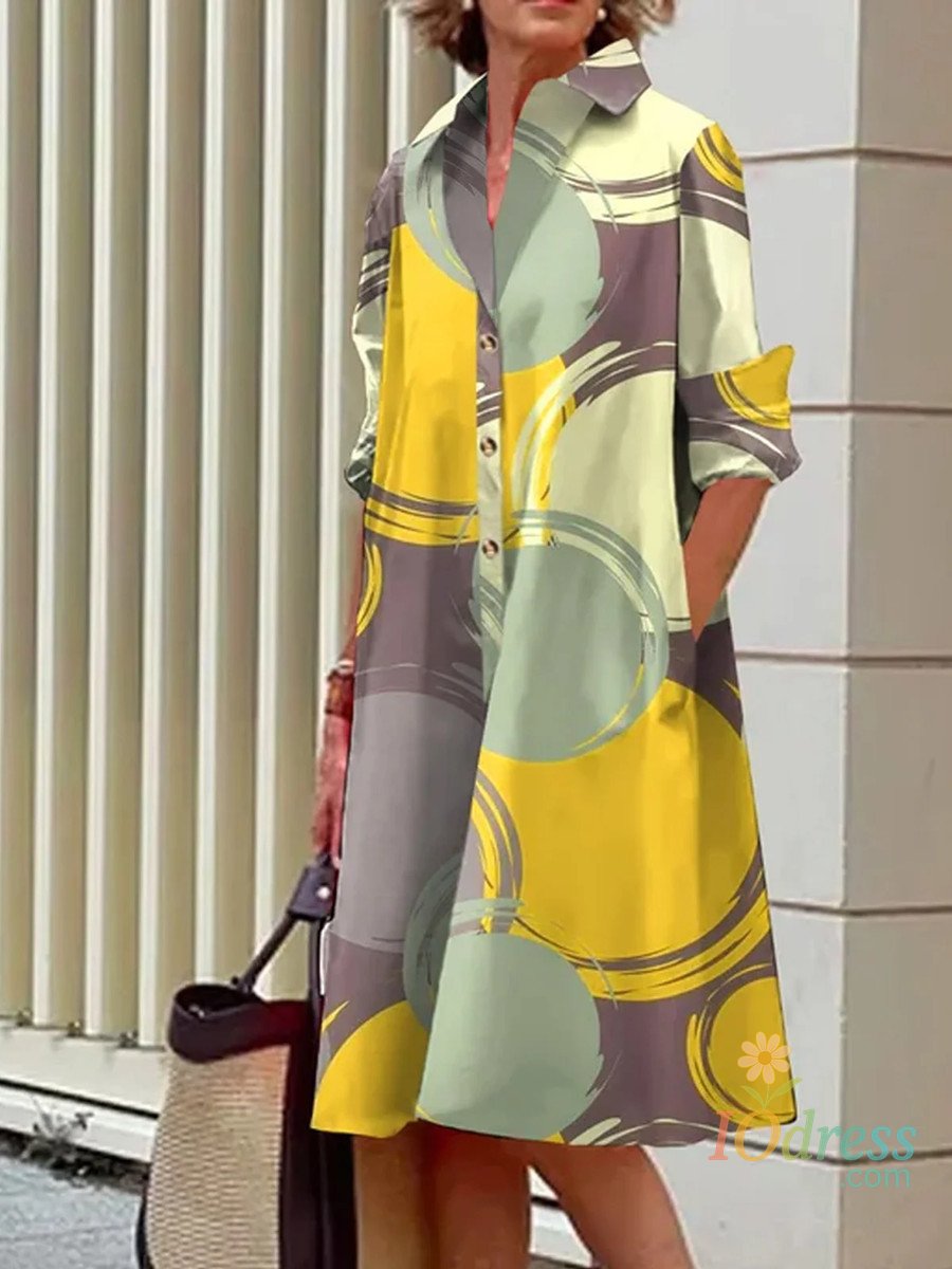 IO Dress Fashionable Color Printed Blouse Dress Long Sleeved Flip Tie Button Up Shirt Sleeve Pocket Midi Spring Dress 2025 New Product