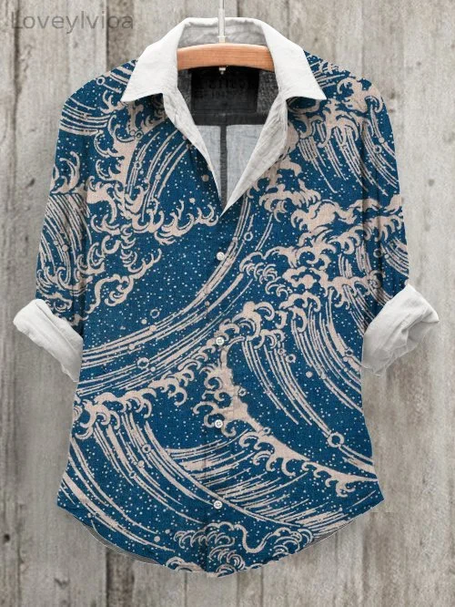 Women's Japanese Sea Wave Art Print Long Sleeve Cotton And Linen Shirt