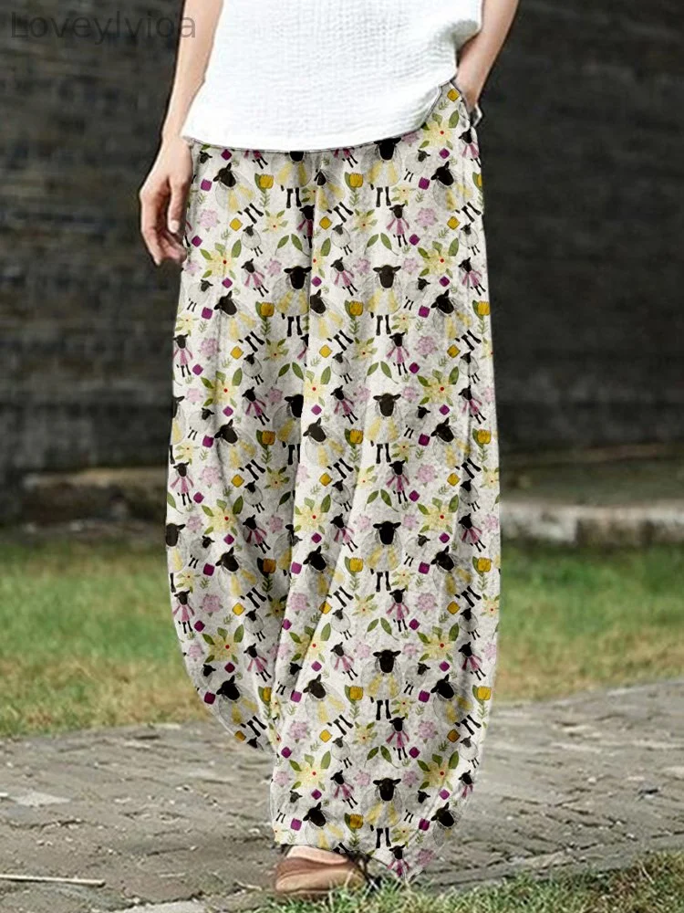 Cute Sheep Art Pattern Linen Blend Casual Pants