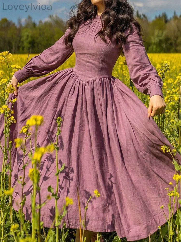 Vintage Pintucked Mock Neck Puff Sleeve Maxi Dress