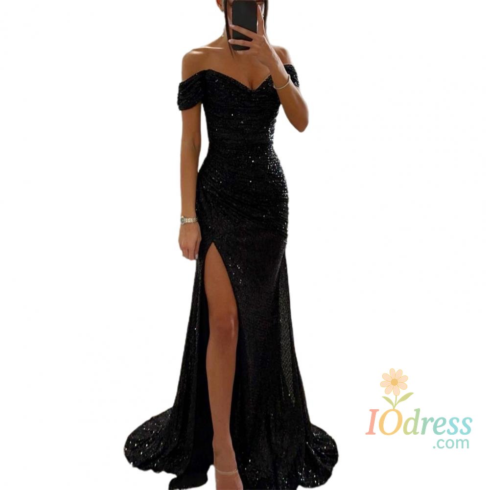 IO Dress 2025 Elegant Off-shoulder Gown Dress V-Neck Sequin Pleated Short Sleeve Waist Tight Maxi Dress Split Evening Party Prom Dress