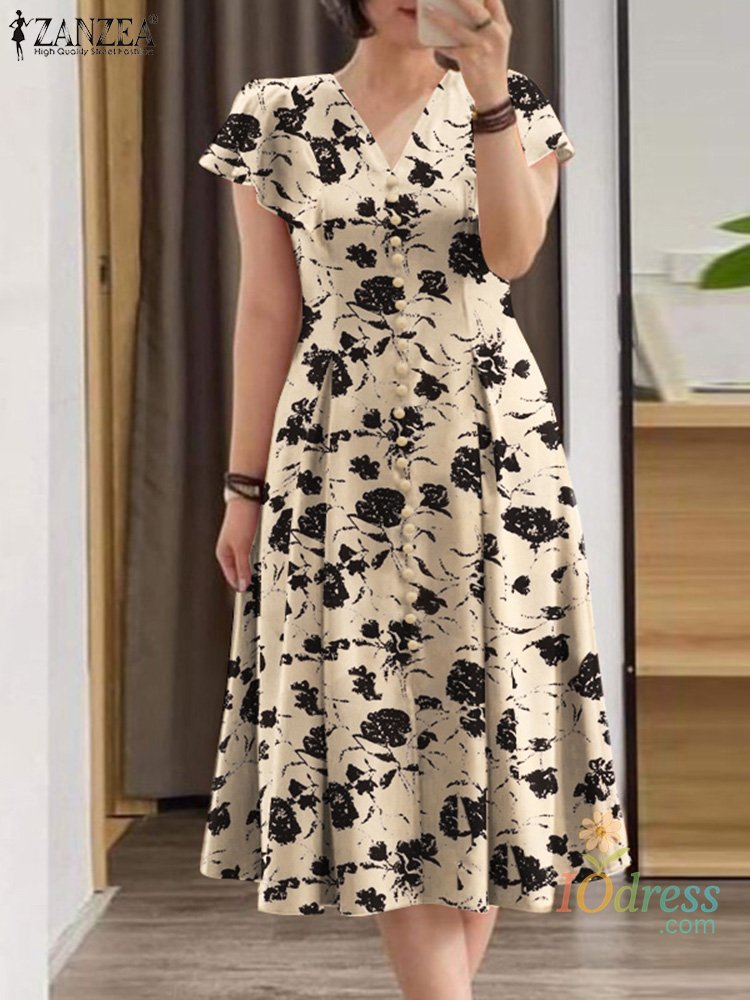 IO Dress Elegant Women Summer V Neck Short Sleeve Sundress Bohemain Floral Dress Holiday Vestidos Casual Buttons Midi Robe