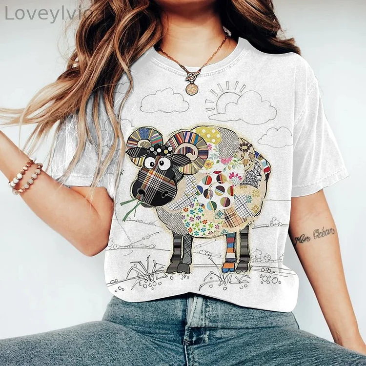 Vintage Farm Sheep Art Round Neck Casual T Shirt