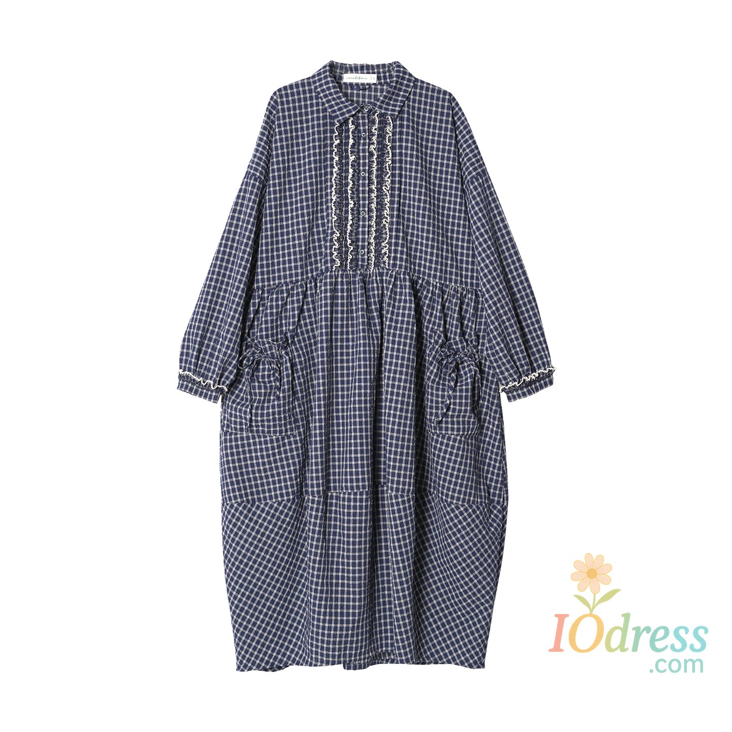 IO Dress Women's Blue and White Checkered Dress with Peter Pan Collar, Lace Trim and Pockets 255136