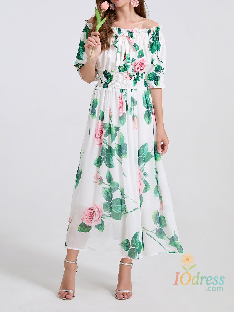 IO Dress Sexy One Collar Elastic Waistband Printed Large Swing Dress 2025 Summer New Fashionable Women'S Clothing