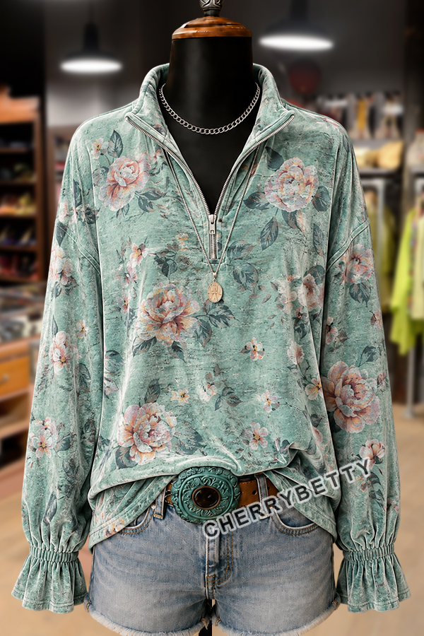 Vintage Floral Print Zip Up Velvet Top