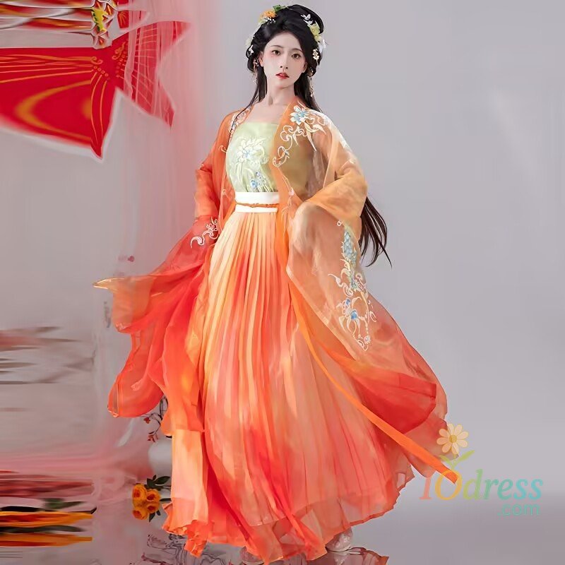 IO Dress Chinese Hanfu Dress Women Ancient Orange Gradient Embroidery Hanfu Female Halloween Fairy Cosplay Costume Hanfu Dress Party Outf