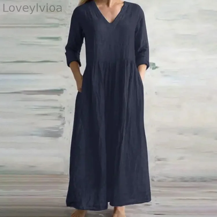 Solid Comfortable Casual Pocket V-Neck 3/4 Sleeve Pleated Maxi Dress