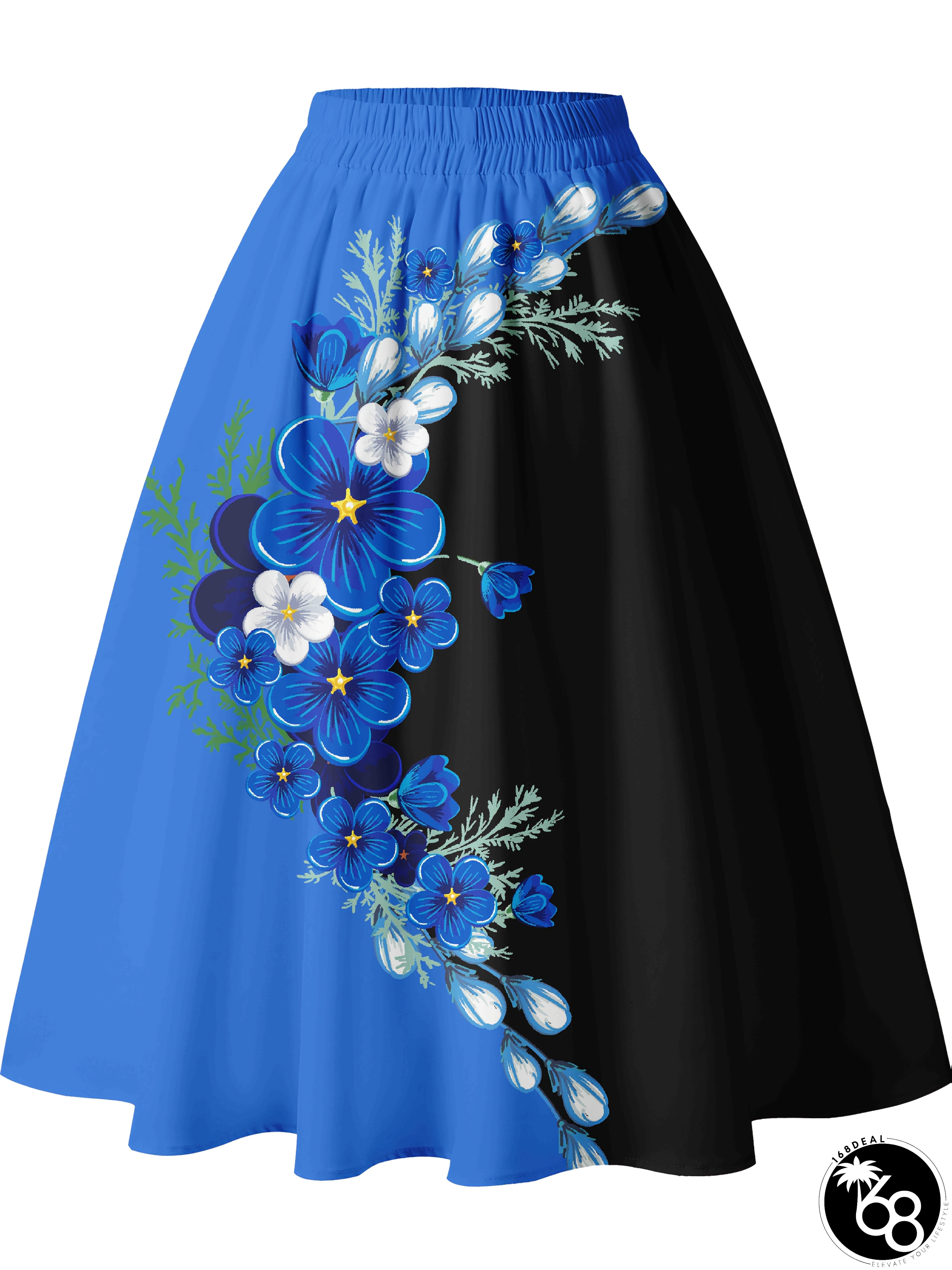 Womens Elegant Blue Floral A-line Skirt with Elastic Waist Perfect for Spring and Summer | 168DEAL