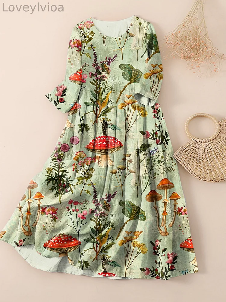 Women's Spring Botanical Mushroom Goblincore Print Maxi Dress