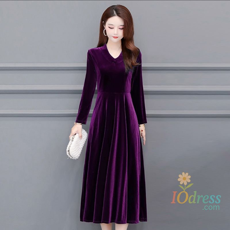 IO Dress V-neck Dress Autumn Winter New Style Waist-hugging to Make You Look Slim and Fashion Solid Long-sleeved A-line Skirt for Women