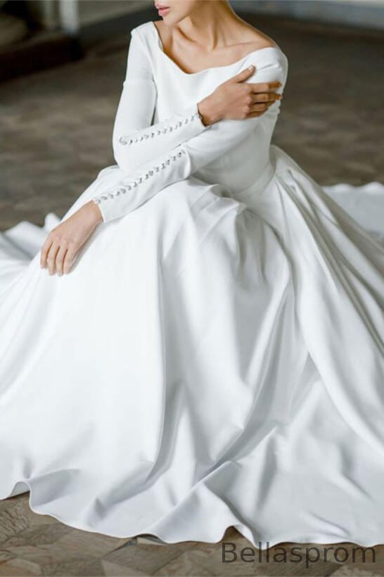 long sleeve button back wedding dress Ivory lace wedding dress, long-sleeve button back long train gown, open back, lace & chiffon. LUCY