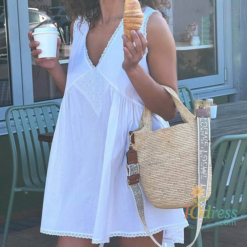 IO Dress Womens Lace Trim V Neck Mini Dress Y2k 90s Vintage Aesthetic Summer Flowy Swing Dress Going Out Boho Coquette A Line Dress