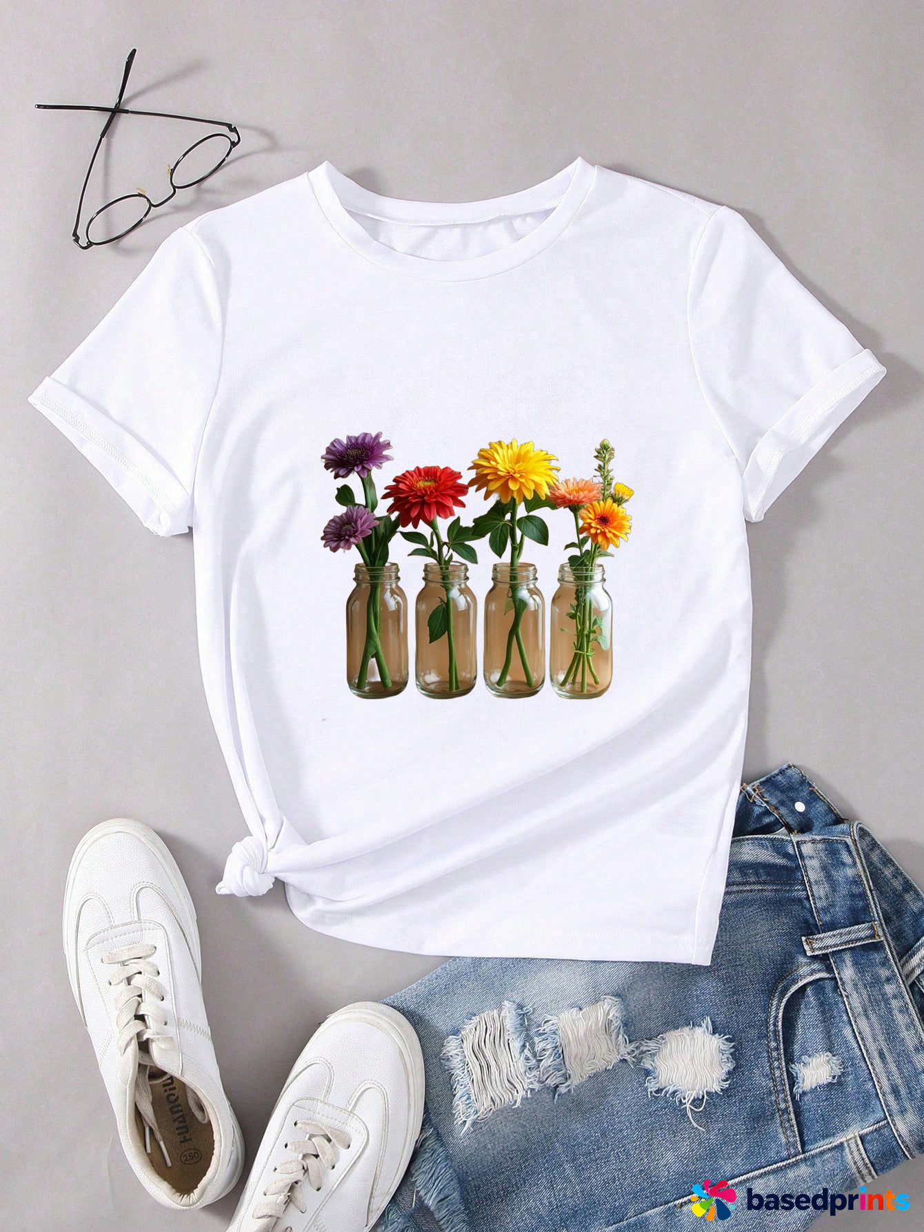 White Floral Mason Jar T-Shirt Women's Casual Short Sleeve Tee