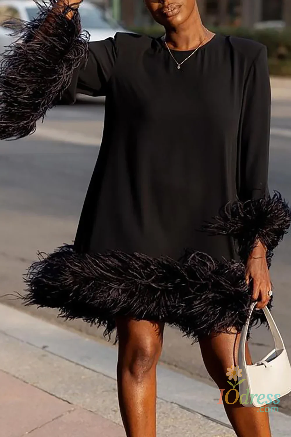 IO Dress PLUS SIZE Feather Fur Patchwork Mini Dress Elegant Party Long Sleeve Dress Autumn Winter Women Sexy Personality Y2k Vestidos