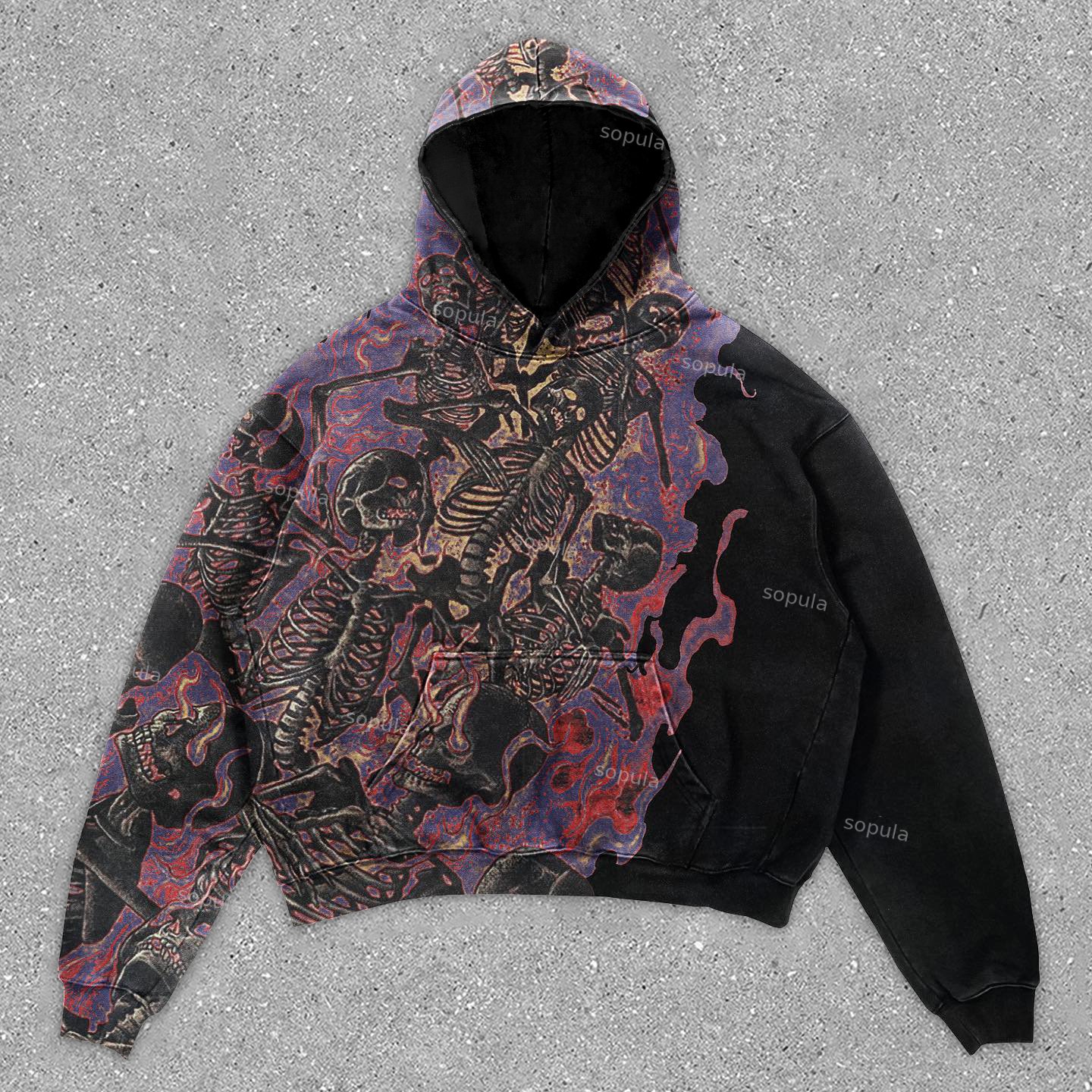 Vintage Skull Graphic Print Black Pullover Hoodie