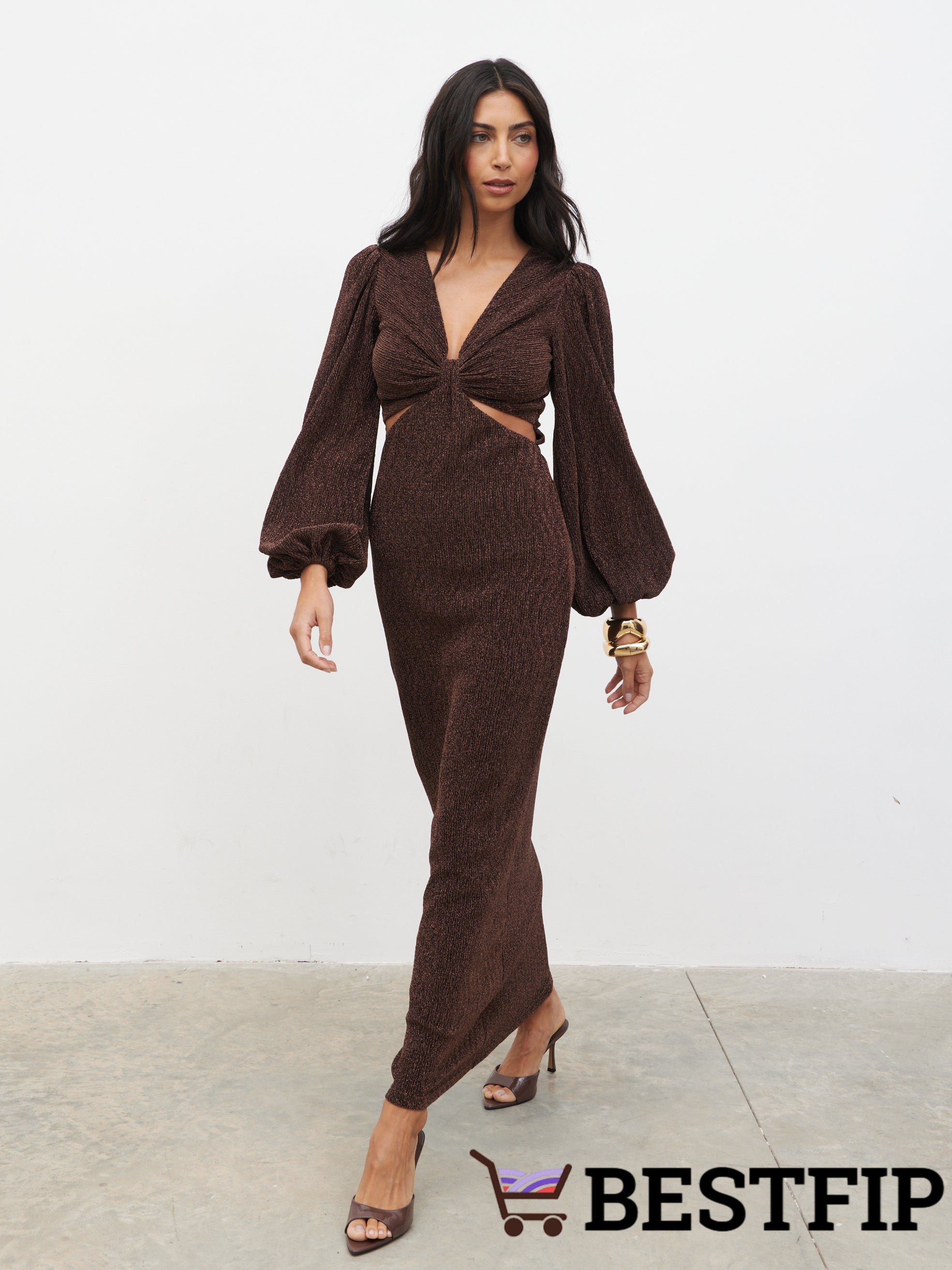 Zaya Lurex Metallic Maxi Dress - Brown