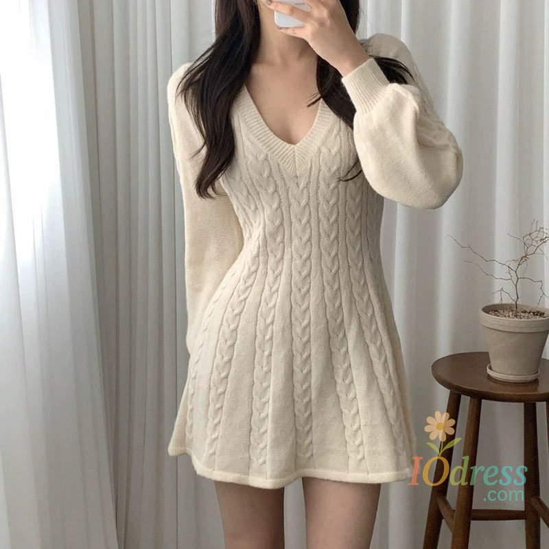 IO Dress Autumn Winter Women Sweater Dresses Fashion Waist Cinched V Neck A- Line Knitted Dress Woman Vintage Lantern Sleeve Mini Dress