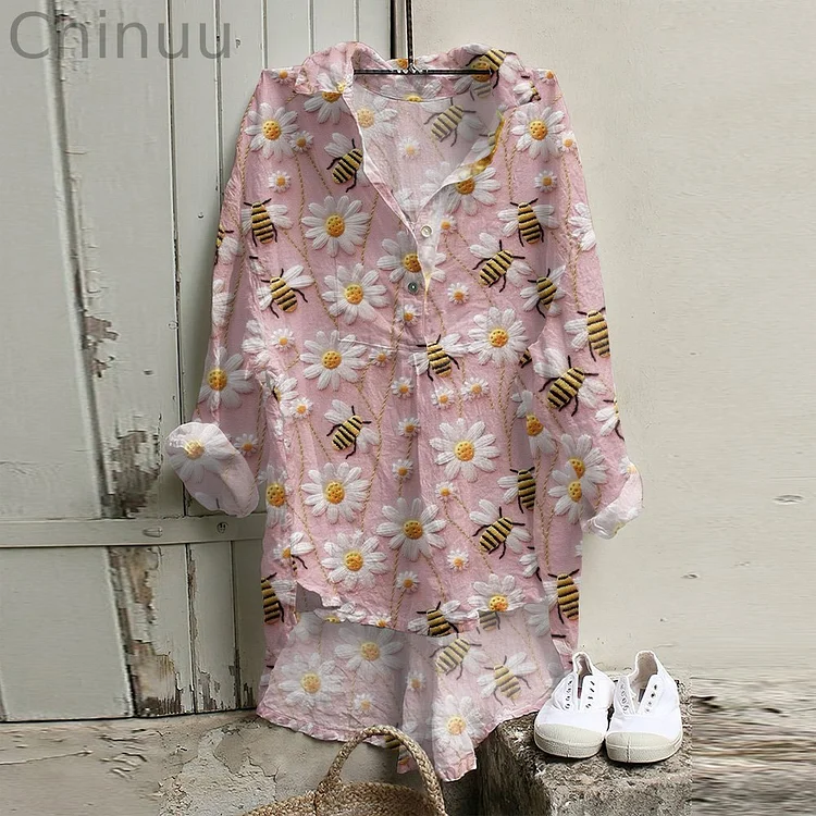 Casual Bees Floral Print Long Sleeve Shirt