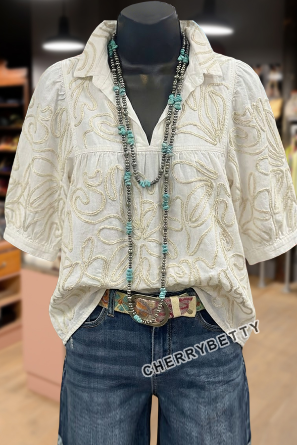 Chic Flower Jacquard V-Neck Puff Sleeve Denim Blouse