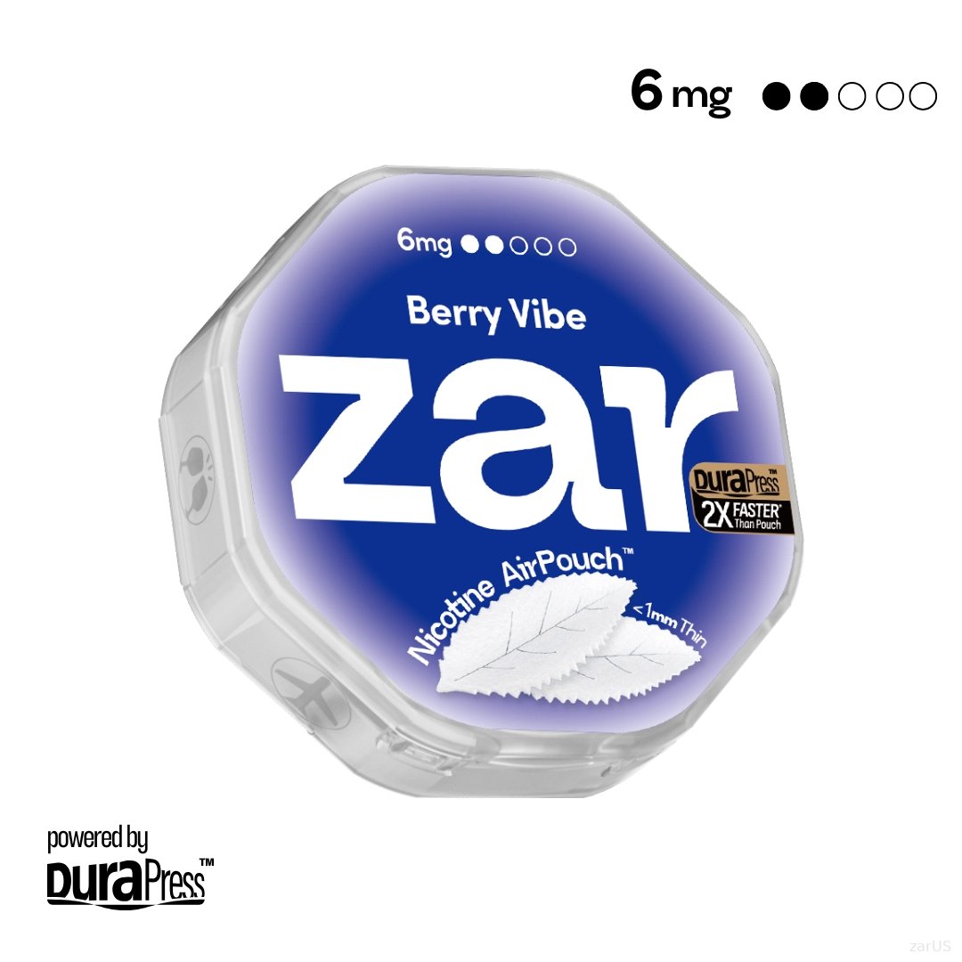 US Try zar Oral Nicotine AirPouch Berry Vibe Flavor Fruit Flavour 6mg nicotine strengths 20 pcs per can Price USD 4.9 10% discount sitewide no wired aftertastes zar pouches nicotine strip snus nicotine pouch