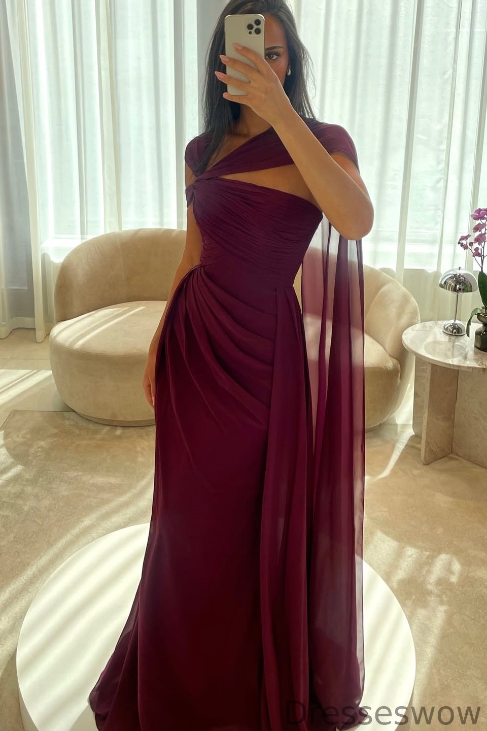 Dresseswow Cabernet Chiffon Long Evening Dresses With Split Ruffles Pleats  Online
