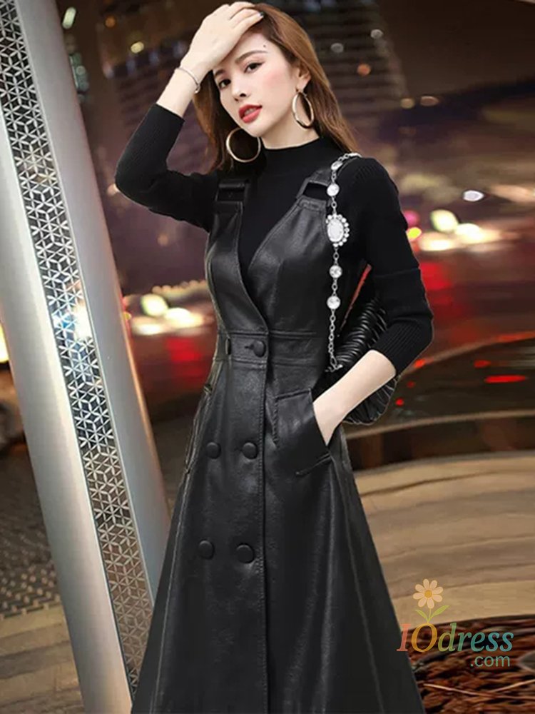 IO Dress Nerazzurri Summer long black pu leather dress women strap midi faux leather dresses for women 2021 Womens Elegant Korean fashion