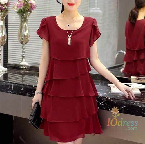 IO Dress 2025 Dress For Women Summer Wave Cut Ruffle Sweet Solid Short Sleeve Slim Dresses Lady Casual All-match Vestido O-Neck Chiffon