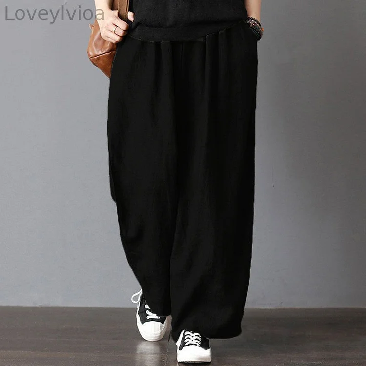 Vintage Elastic Waist Drawstring Pocket Loose Pants