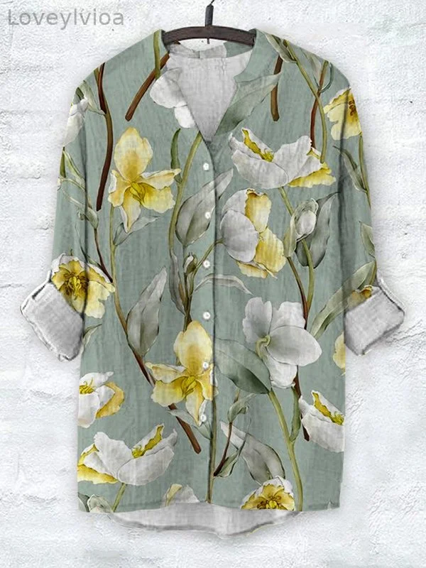Women's Floral Art Print V Neck Cotton And Linen Vacation Shirt