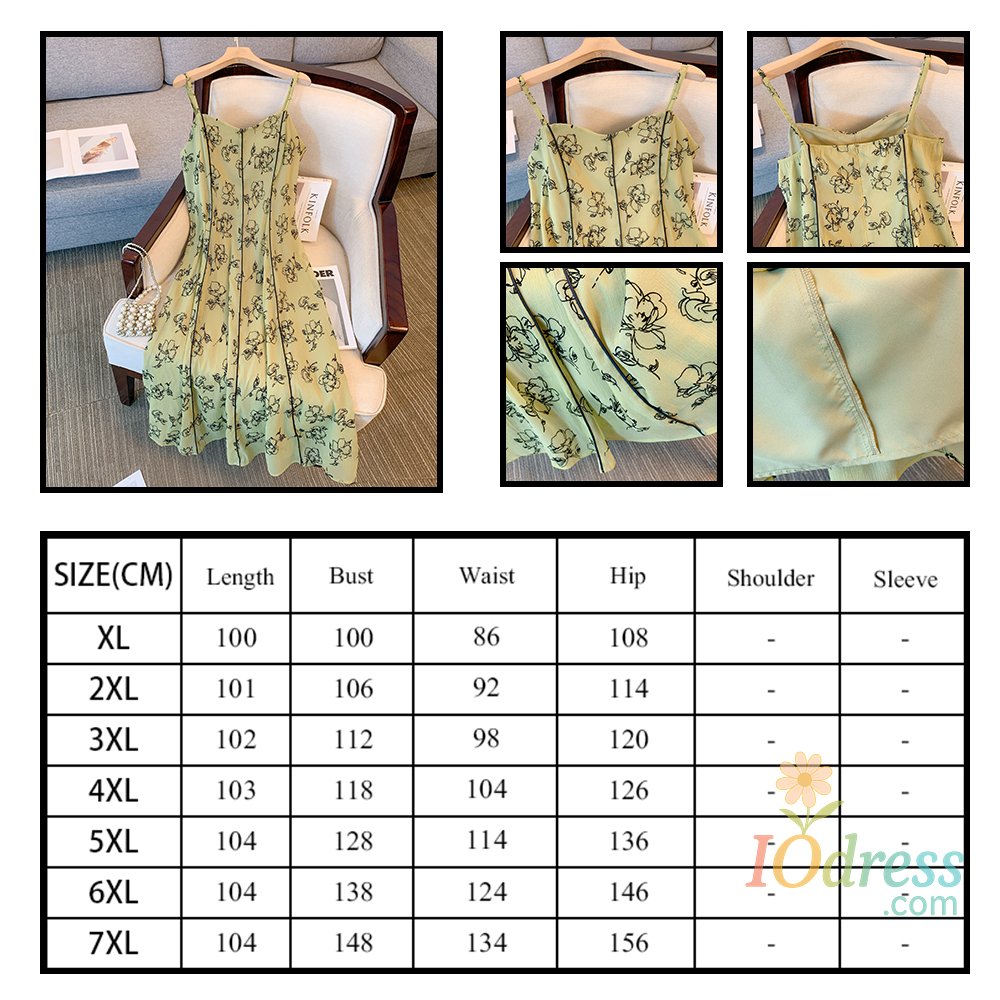 IO Dress Plus Size Women's Summer Casual Strap Dress Simple Light Loose Print Mid-length Dress 2025 New Women Clothing Green Party Dress