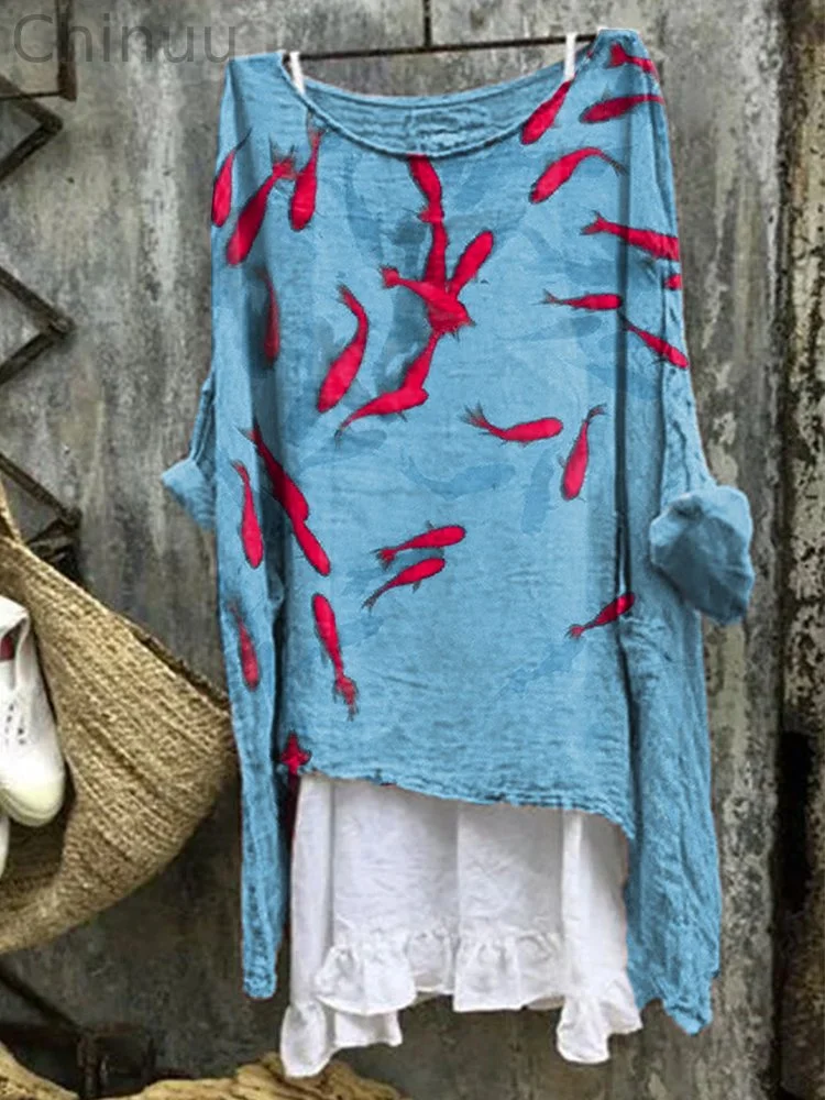 Koi Fish Art Print Linen Blend Shirt