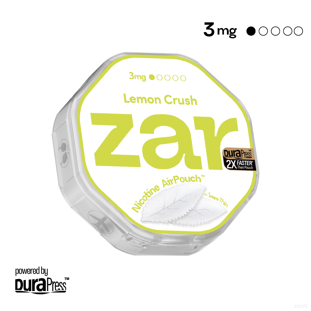 US Shop zar Oral Nicotine AirPouch Lemon Crush Flavor Fruit Flavour 3mg nicotine levels 20 pcs per can Price USD 4.9 multi-buy up to 30% discount off nicotine level options zar pouches nicotine strip snus nicotine pouch dosh pouch